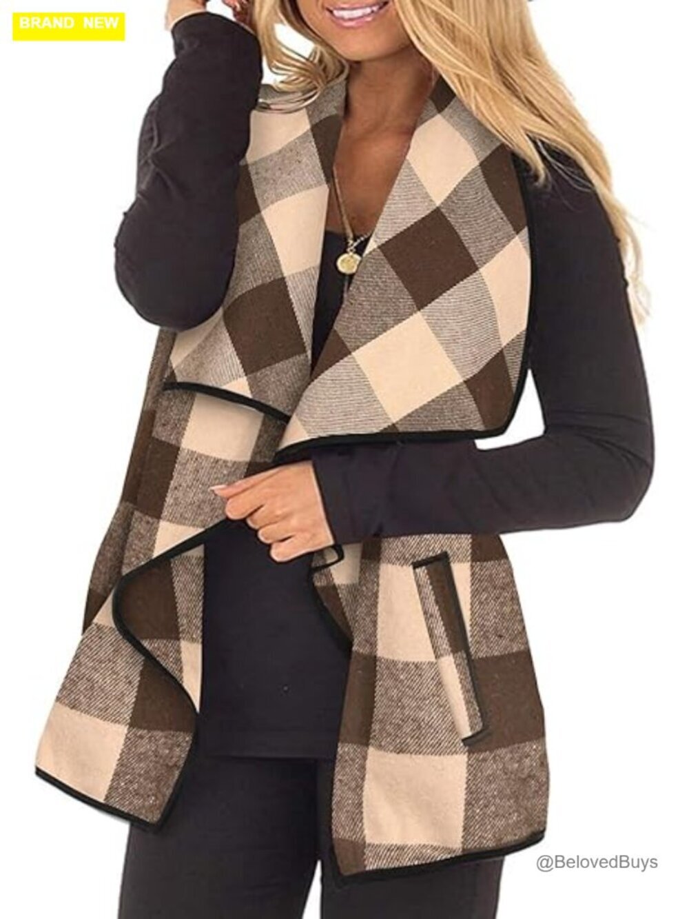 Plus Size Oversized Plaid Checkered Cardigan Vest Sleeveless Open Front Casual